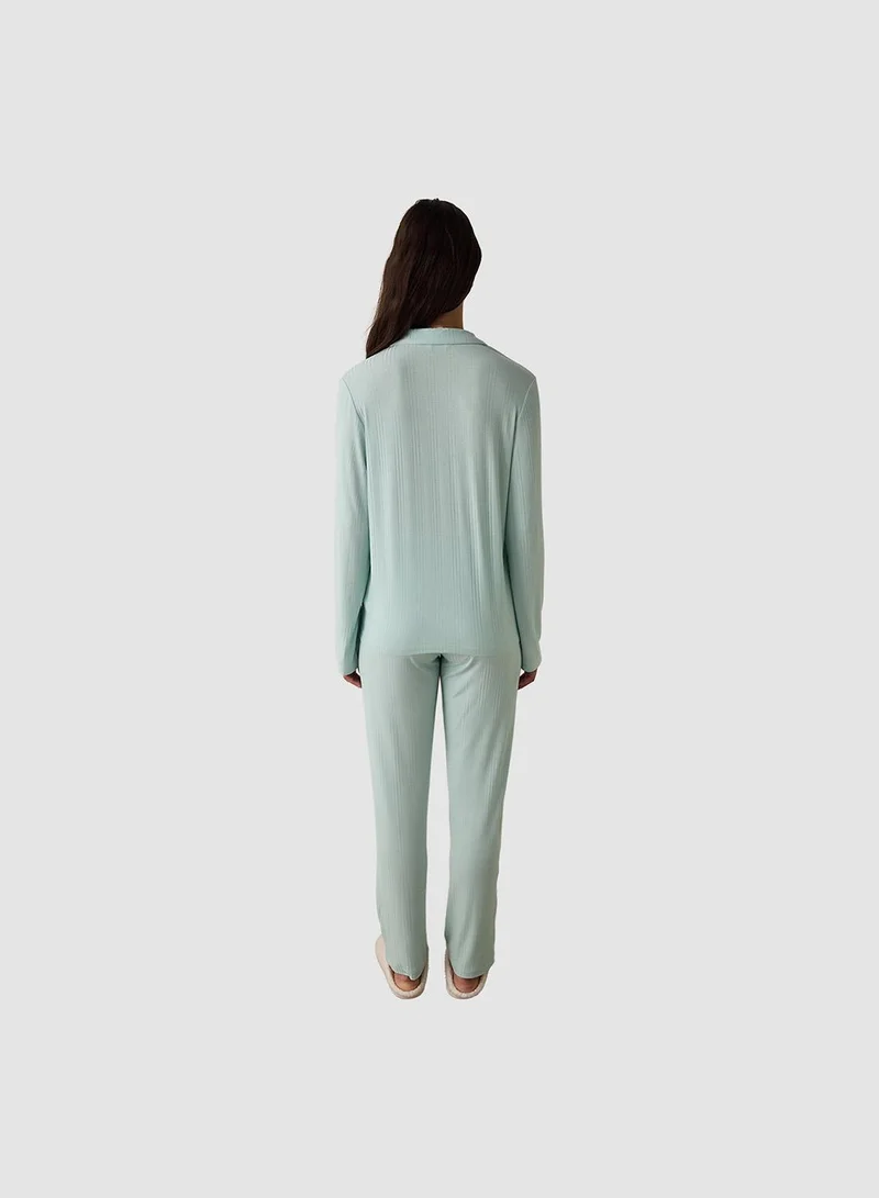 Penti Ribbed Shirt Collar Buttoned Long Sleeve Sustainable Viscose Pajama Set